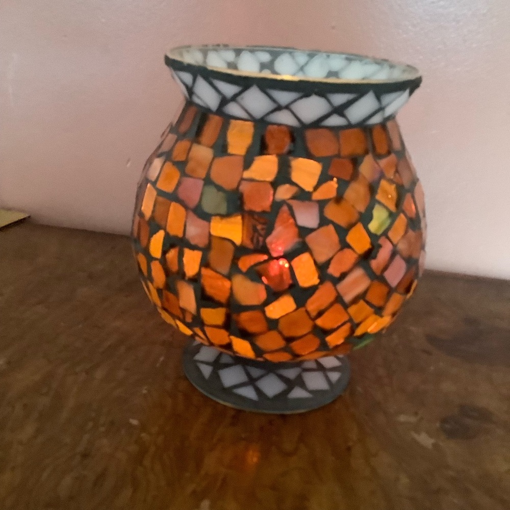Vintage Home Interiors Large Hurricane Lamp Votive Holder Amber Mosaic